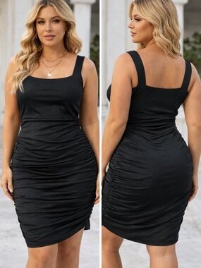 Sofia Vergara Black Ruched Bodycon Midi Dress